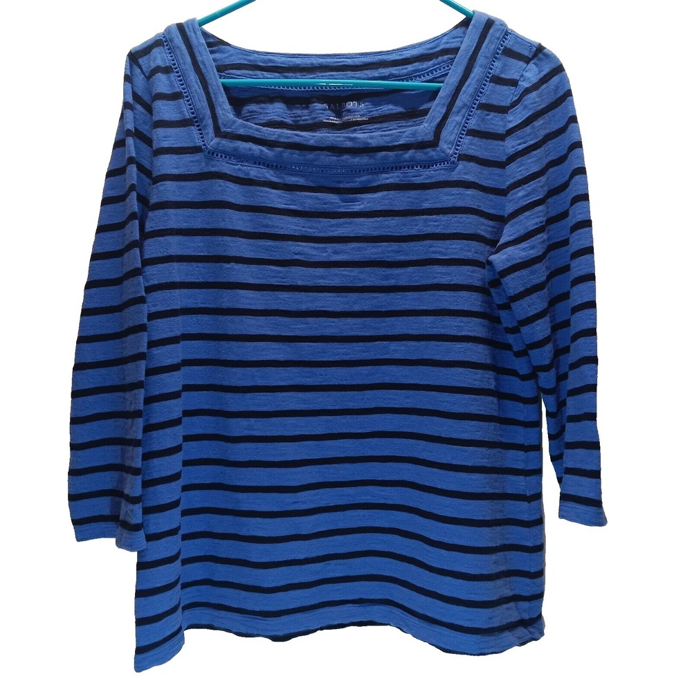 Talbots Knit Top Women's Large Purple Black Stripe 3/4 Sleeve Casual Stretch GUC